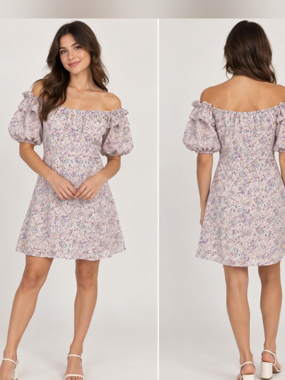 Floral Off Shoulder Mini Dress Sequin Puff Sleeve Fairycore Soft Girl S Romantic